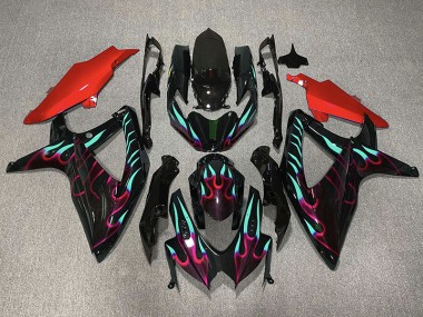 2008-2010 Red and Cyan Flame Suzuki GSXR 600-750 Motorcycle Fairing